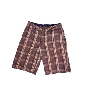 Hurley Plaid Skate Shorts Mens 29W Brown Embroidered Y2K Skater Streetwear